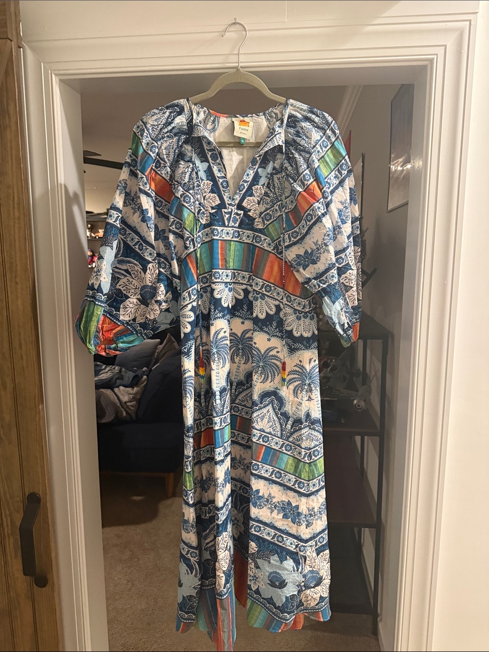 FARM Rio Blue Tropical Print V-Neck Maxi Dress with Multicolor Stripes